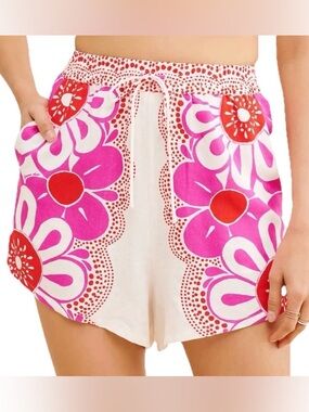Farm Rio Women's Shorts Pink Floral Linen Blend Drawstring Size M